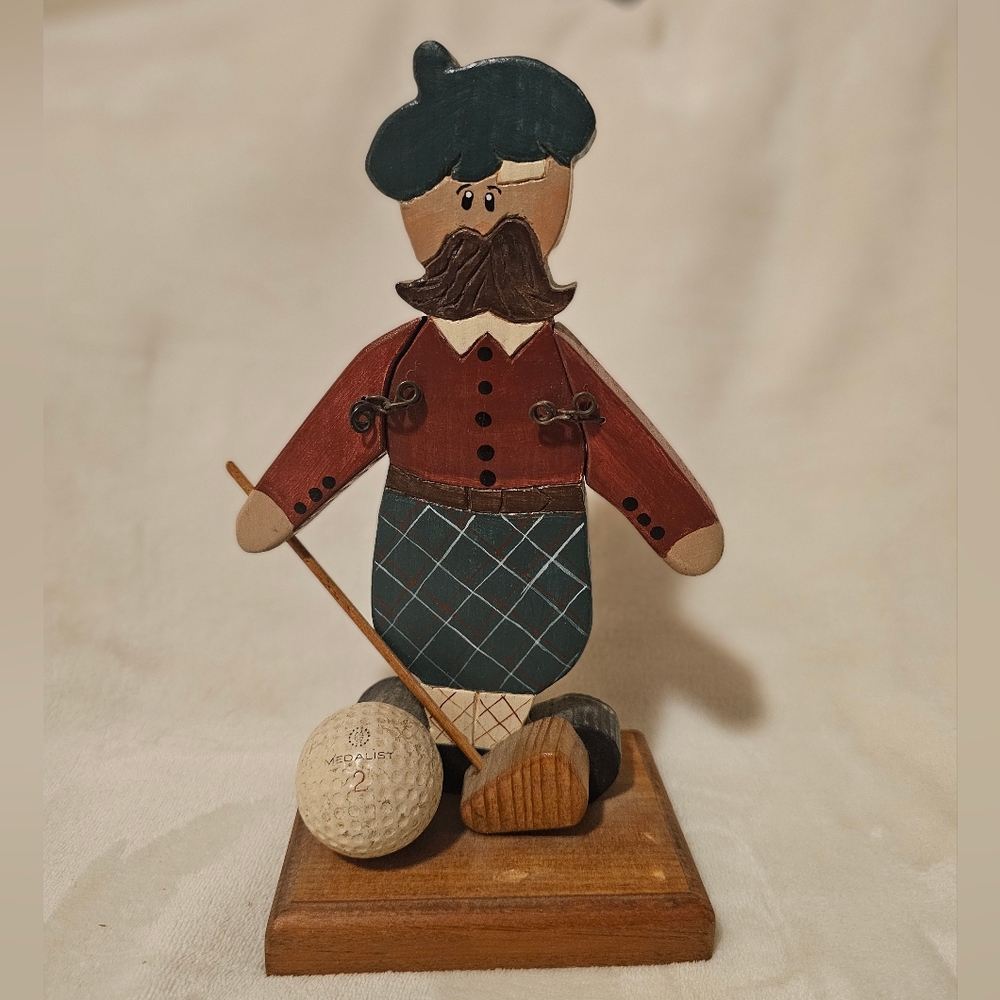 Handcrafted Wooden Golfer Figurine Green Hat, Burgundy Jacket